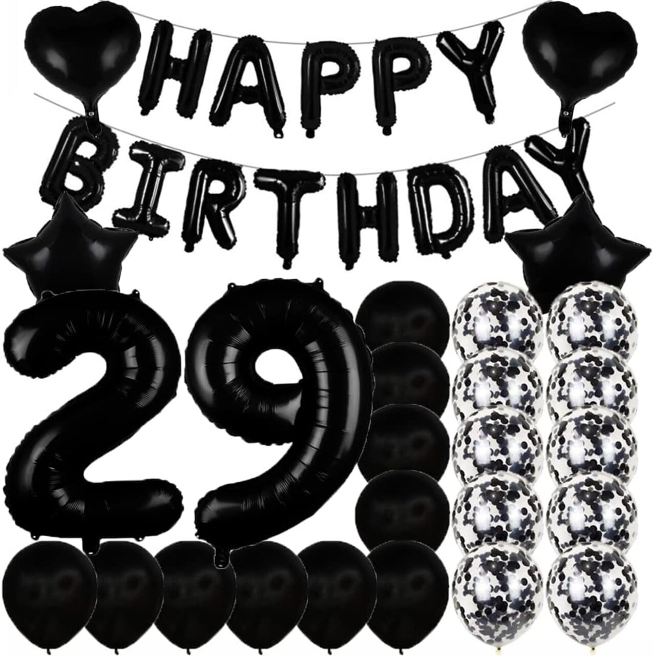 Sweet 29th Birthday Decorations – Black Number 29 Foil Mylar Balloons & Party Supplies Set for Girls, Women, Men, Photo Props (Black)